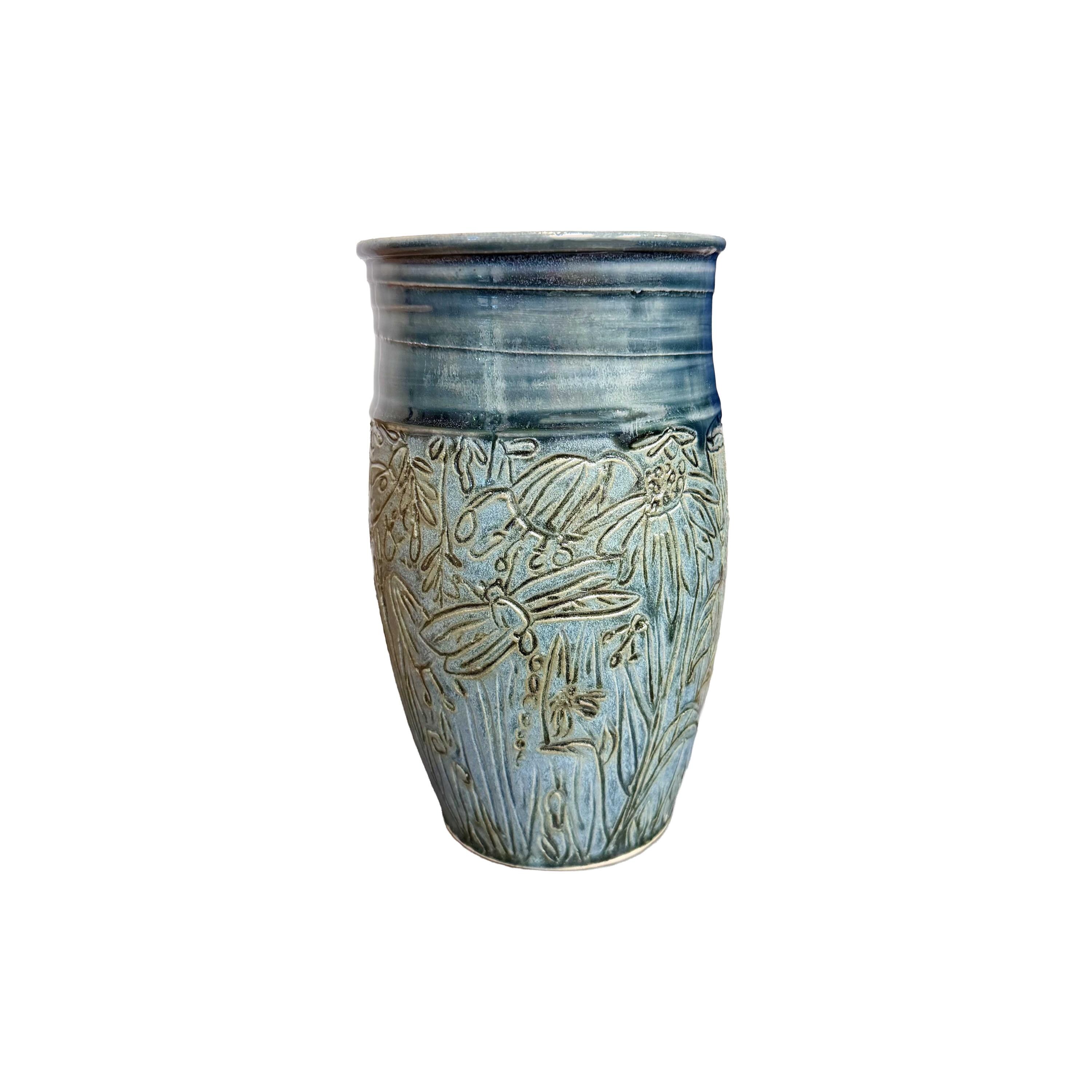 Carved Blue Stoneware Vase | Large Wheel Thrown Ceramic Vase With Bird ...