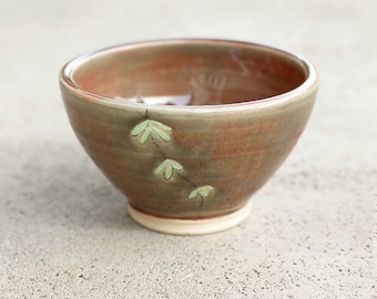 Small Peach Wheel Thrown Pottery Bowl with Vine Design, 4.5" x 3"