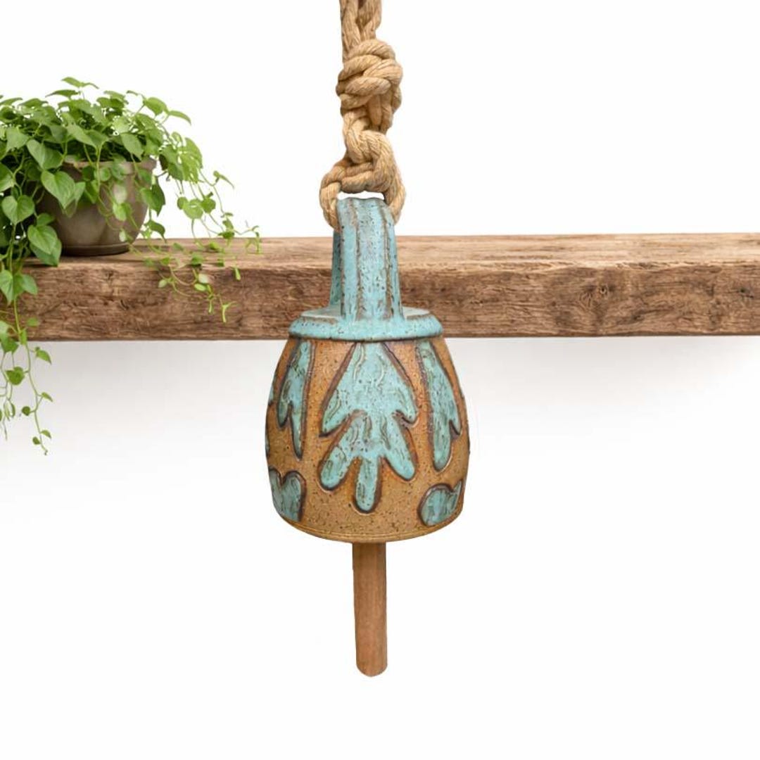 Handmade Large Ceramic Wind Chime Bell: Turquoise Cactus Design
