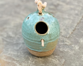 Handmade Turquoise Blue Ceramic Birdhouse with Optional Perch Stick, 6.25" x 4.5" (1.25" hole)