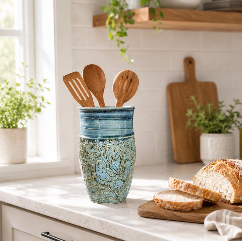 Carved Blue Stoneware Vase | Large Wheel Thrown Ceramic Vase With Bird ...