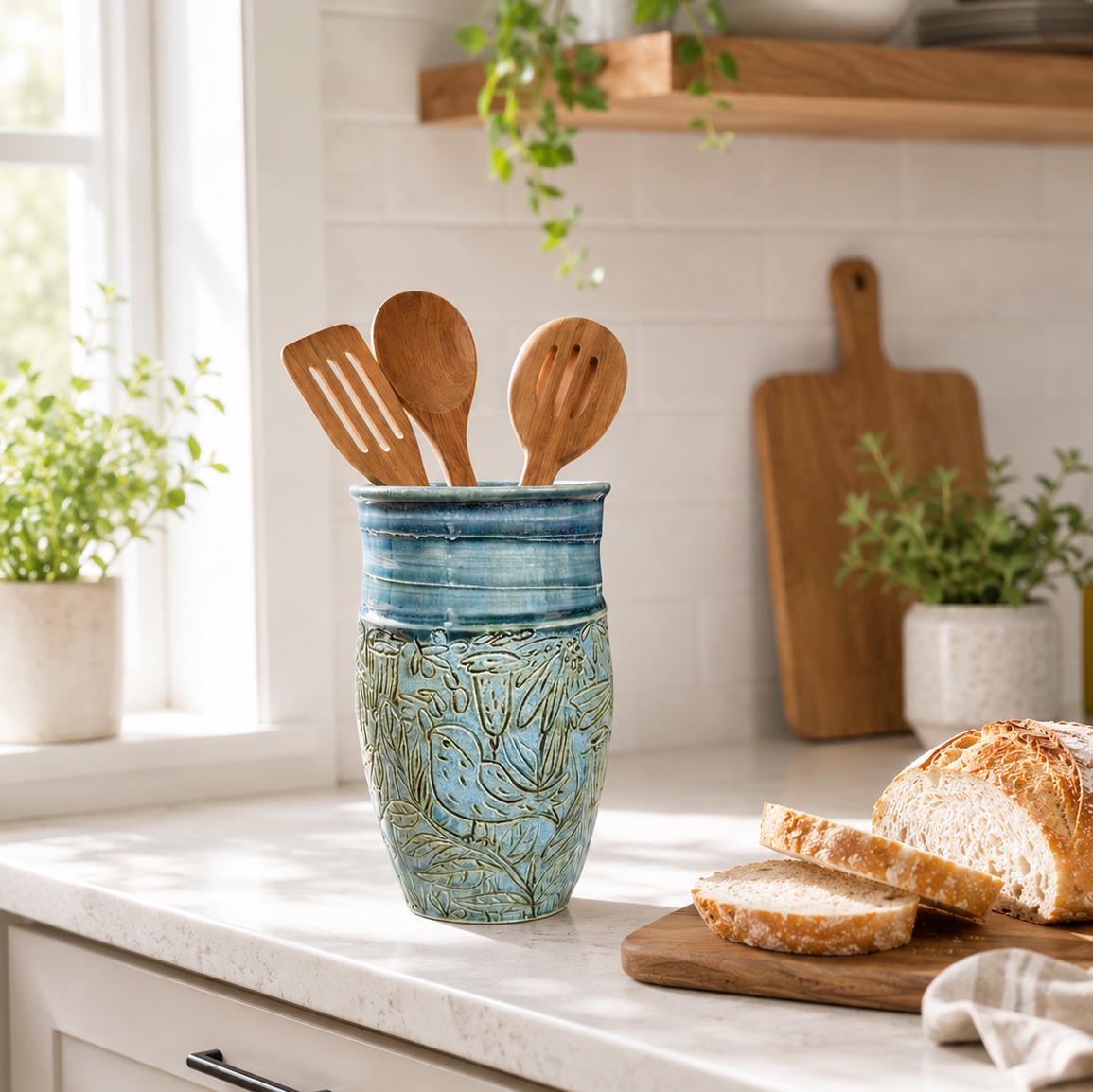Carved Blue Stoneware Vase | Large Wheel Thrown Ceramic Vase With Bird ...