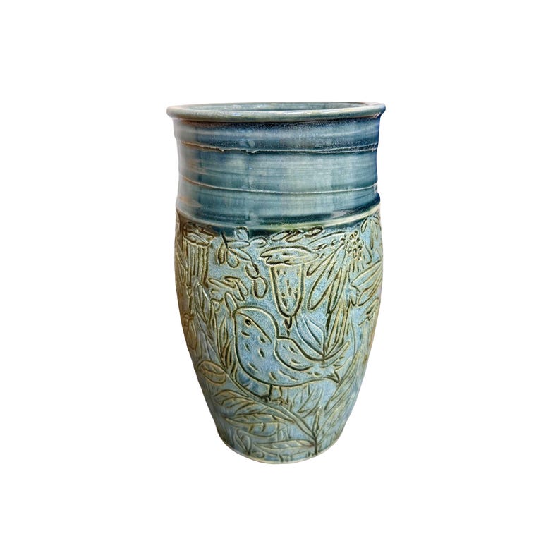 Carved Blue Stoneware Vase | Large Wheel Thrown Ceramic Vase With Bird ...