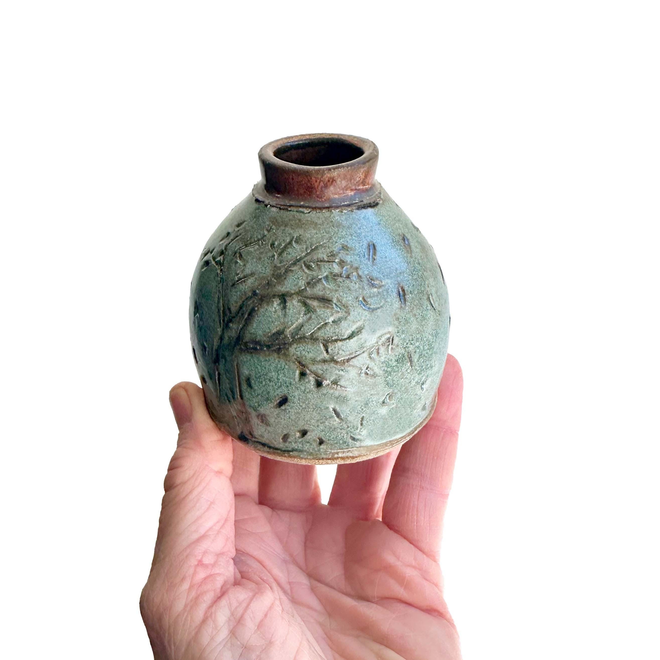Hand Carved Ceramic Bud Vase: Small Turquoise Green Tree Design Vase (3" x 2.75")
