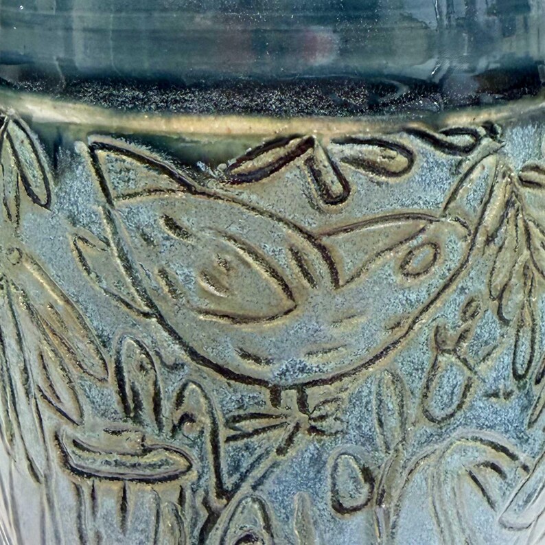 Carved Blue Stoneware Vase | Large Wheel Thrown Ceramic Vase With Bird ...