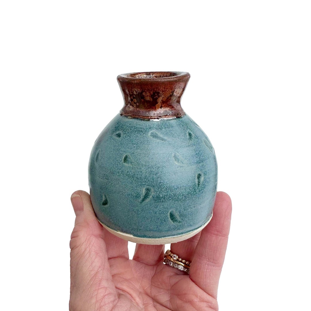 Copper and Blue Ceramic Bud Vase | Carved Handmade Pottery Bottle Vase ...
