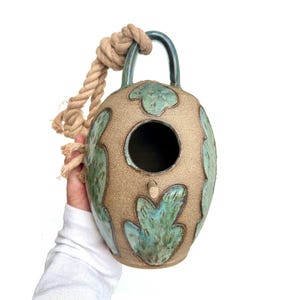 Blue Ceramic Birdhouse with Cactus Design | Pottery Bird House, 9" x 5" (1.75" hole)