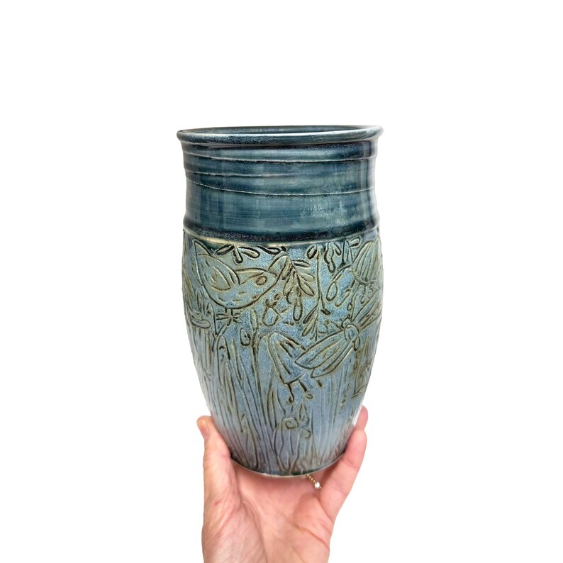 Carved Blue Stoneware Vase | Large Wheel Thrown Ceramic Vase With Bird ...