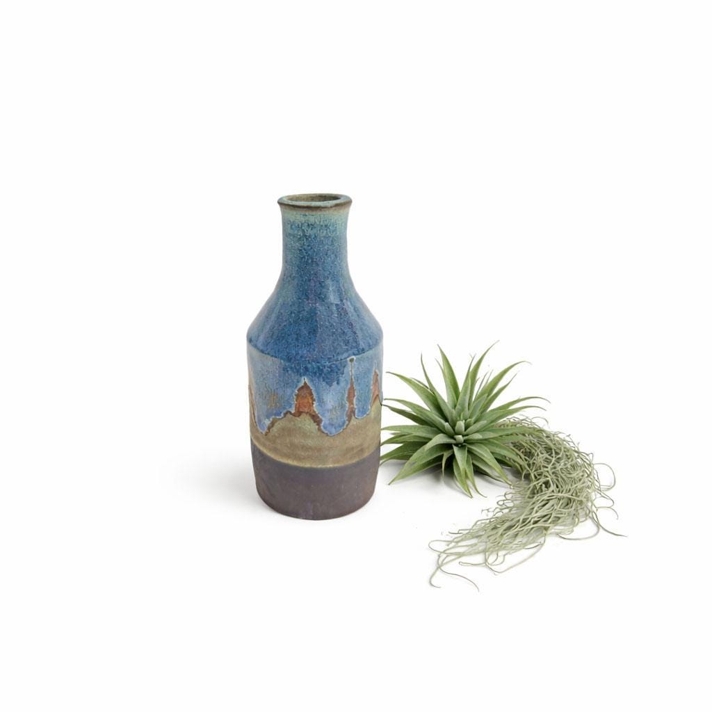 Small Blue Ceramic Bottle Vase | Drippy Glaze Brown Stoneware Bottle, 6.25" X 2.25"
