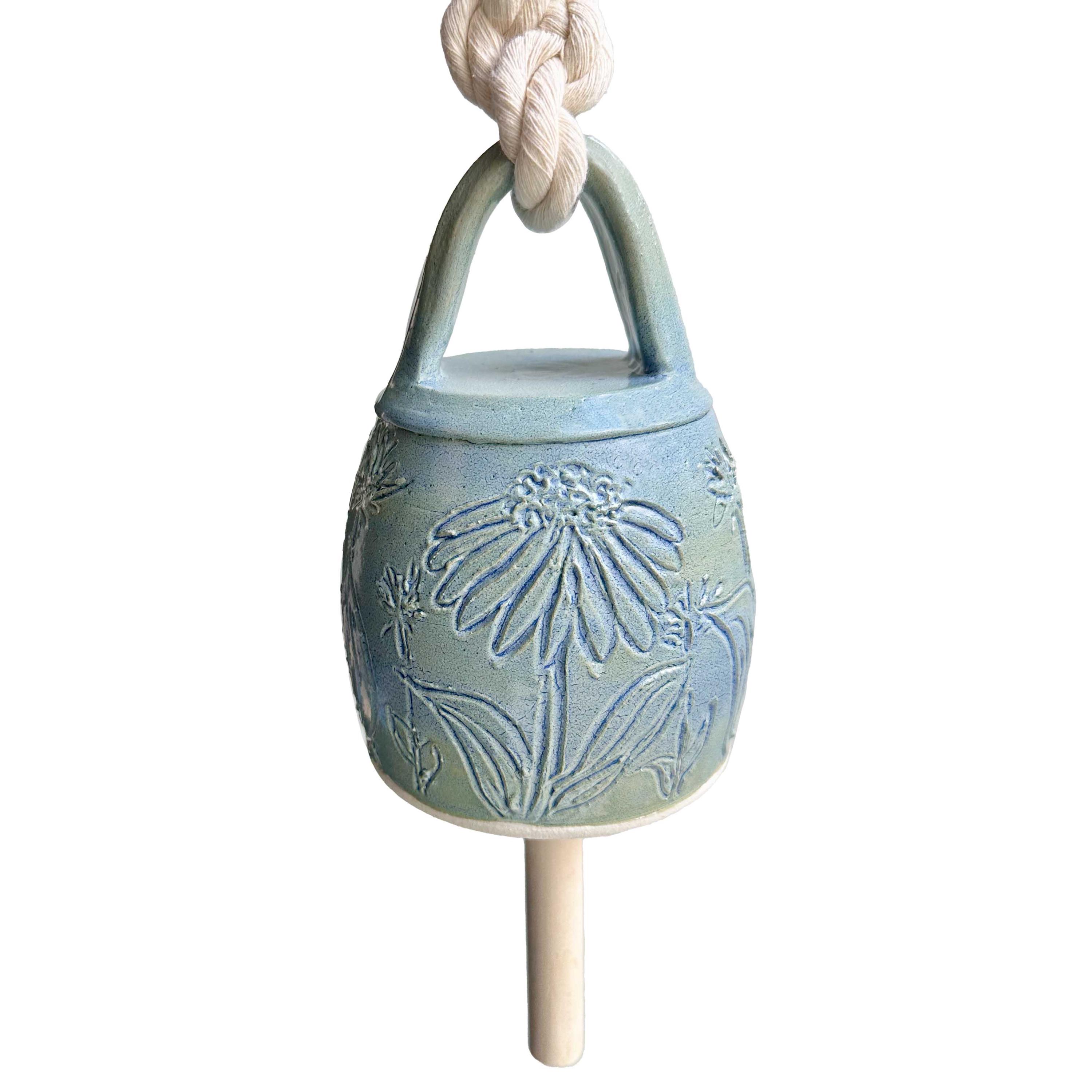 Turquoise Blue Ceramic Wind Chime Bell: Carved Flower Design, Stoneware Pottery (9.5" x 3.75")