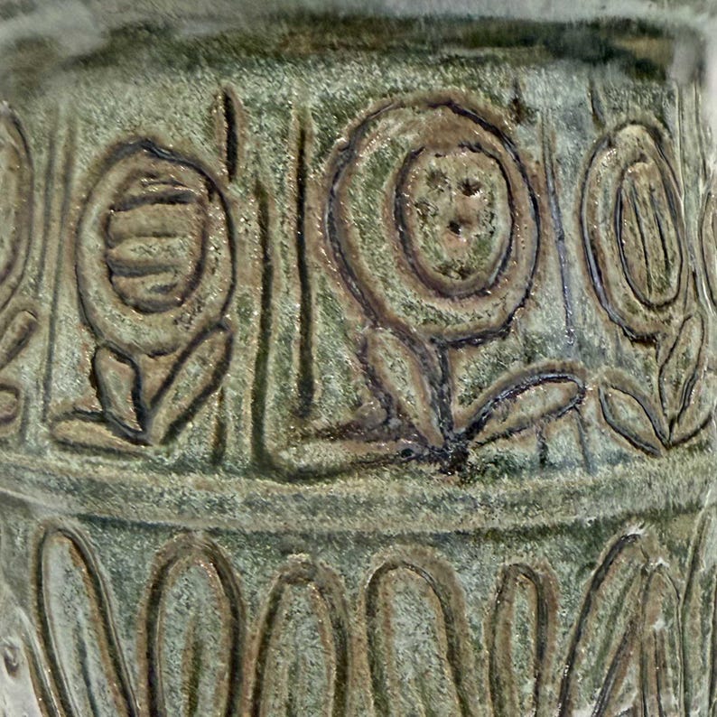 Carved Blue Green Stoneware Vase | Wheel Thrown Ceramic Vase With Leaf ...