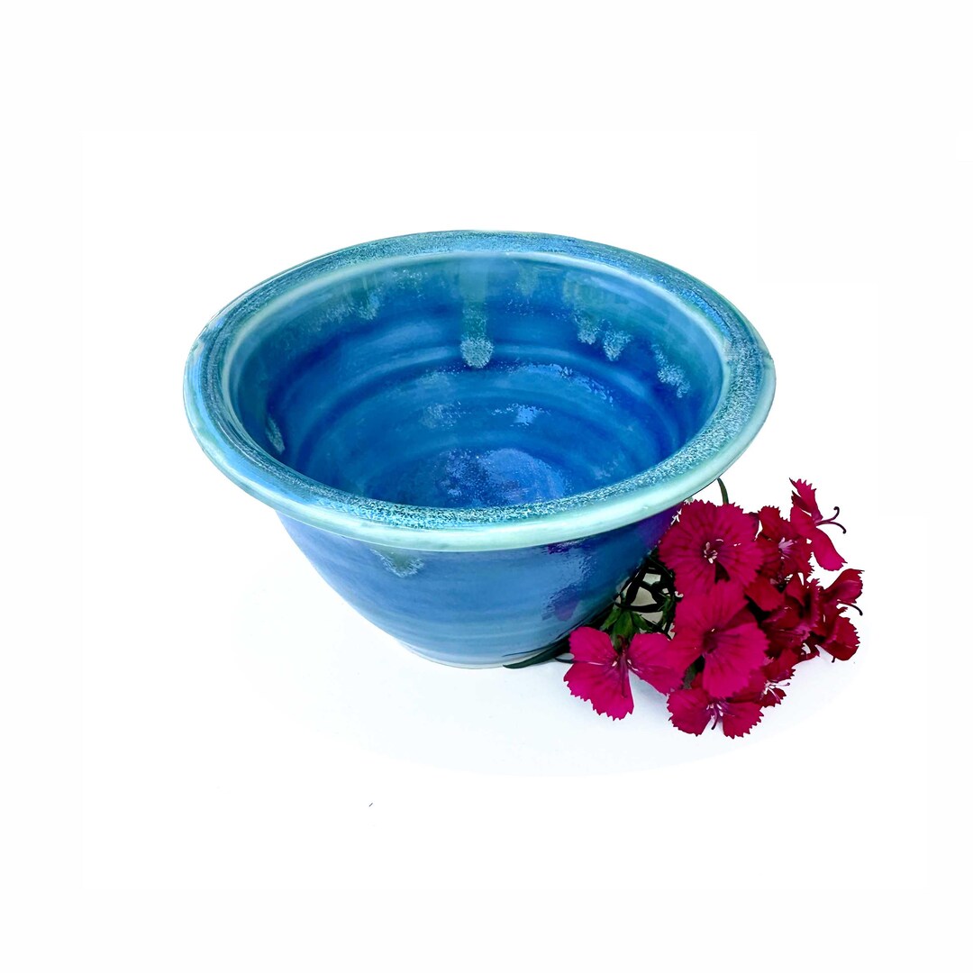 Small Blue Ceramic Bowl | Drippy Glaze Blue Pottery Rimmed Bowl, 4.5" X ...