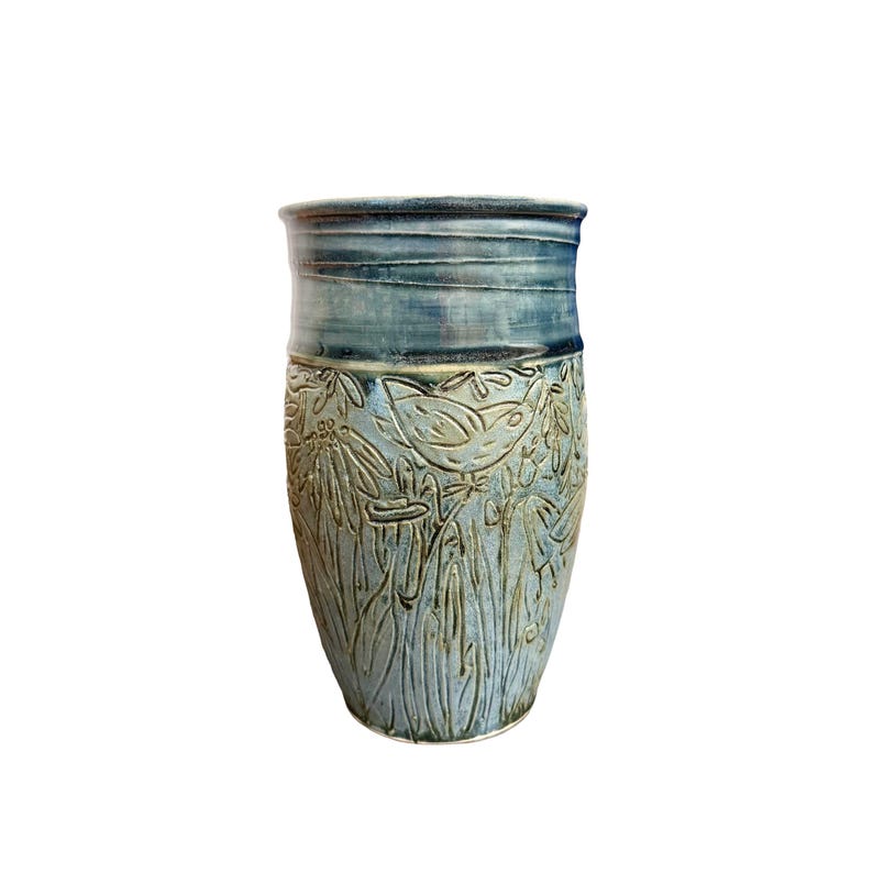 Carved Blue Stoneware Vase | Large Wheel Thrown Ceramic Vase With Bird ...