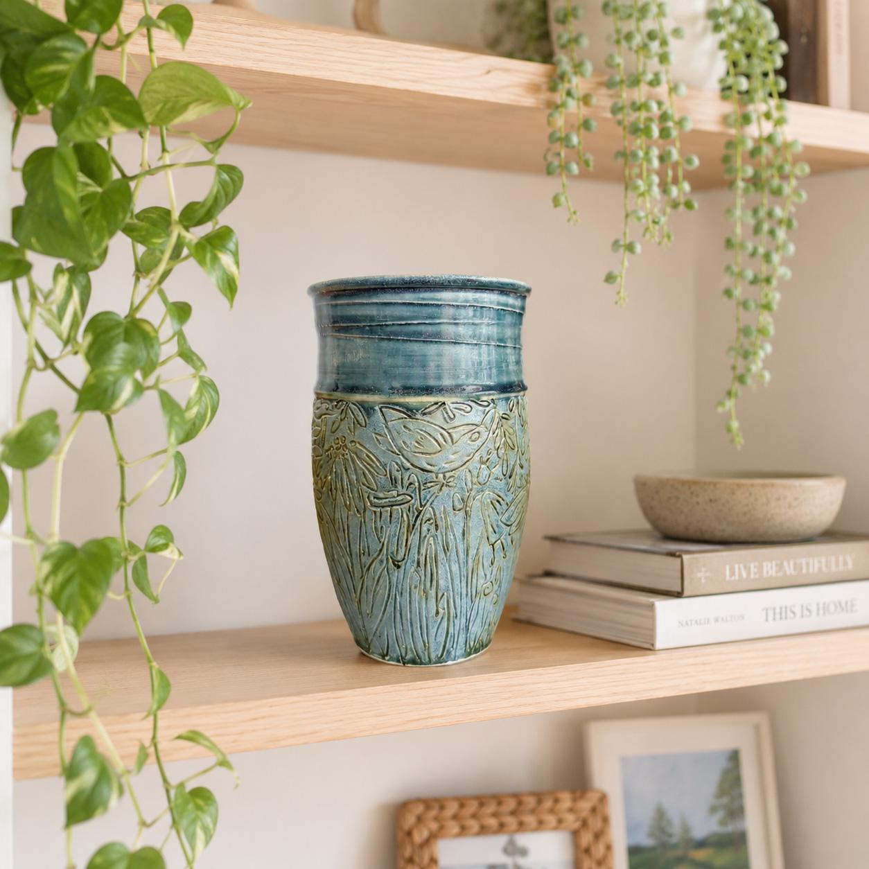 Carved Blue Stoneware Vase | Large Wheel Thrown Ceramic Vase With Bird ...