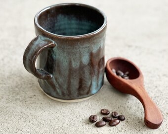 Wheel Thrown Ceramic Mug with Aqua Blue and Brown Glazes, 10oz.