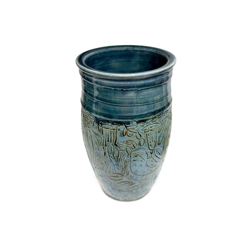 Carved Blue Stoneware Vase | Large Wheel Thrown Ceramic Vase With Bird ...