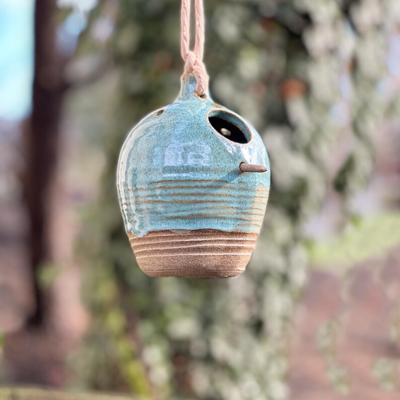 Turquoise Blue Ceramic Birdhouse with optional perch stick