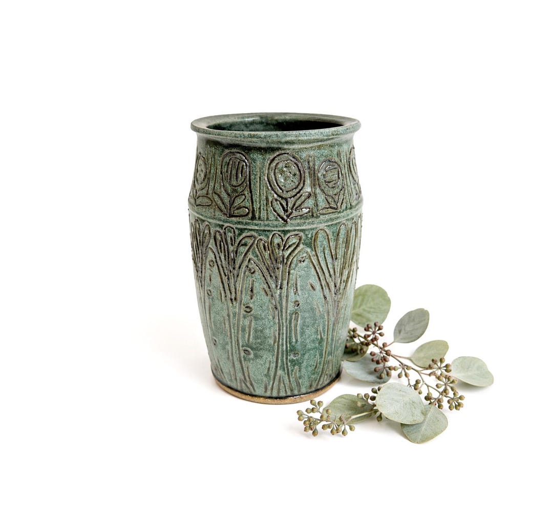Carved Blue Green Stoneware Vase | Wheel Thrown Ceramic Vase With Leaf ...