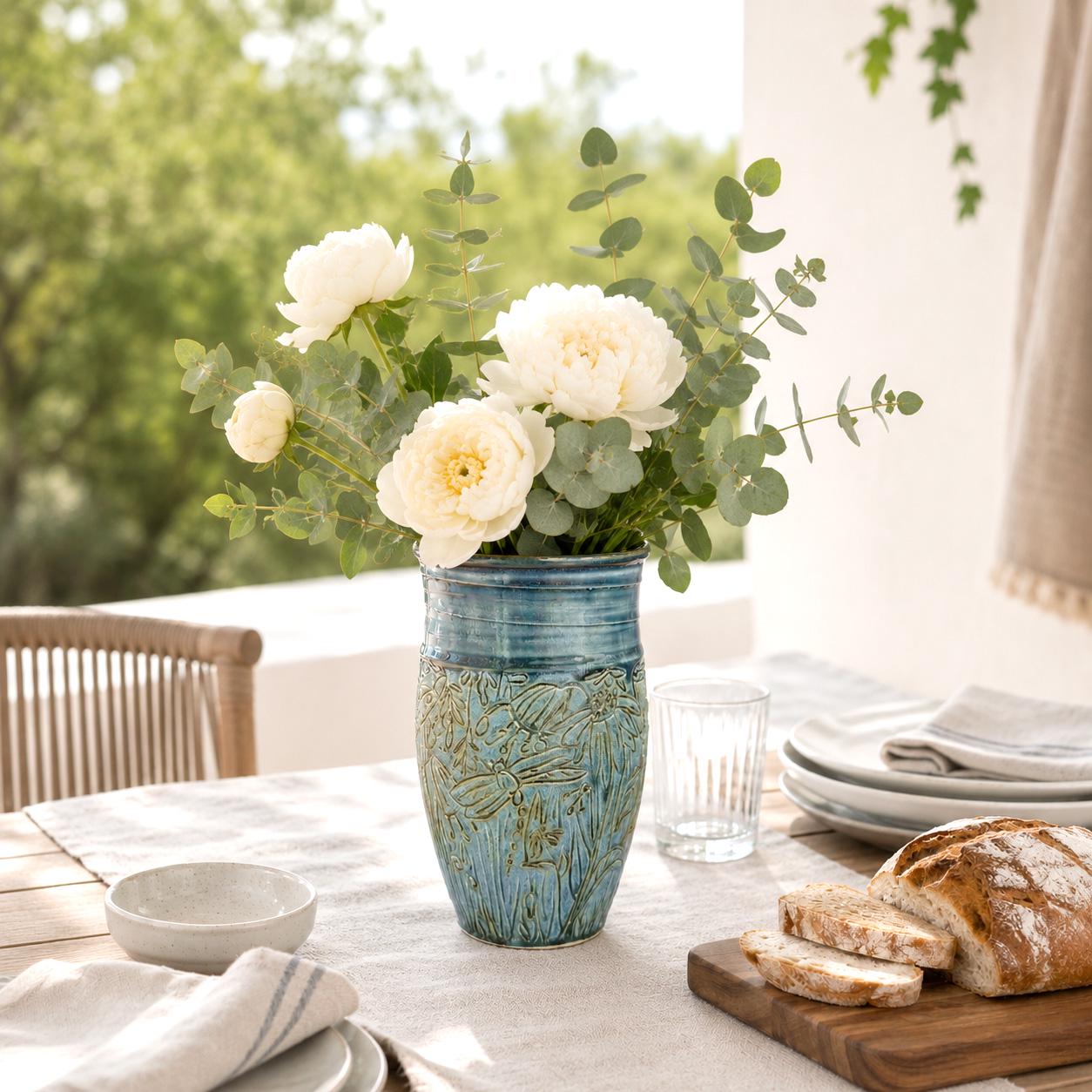 Carved Blue Stoneware Vase | Large Wheel Thrown Ceramic Vase With Bird ...