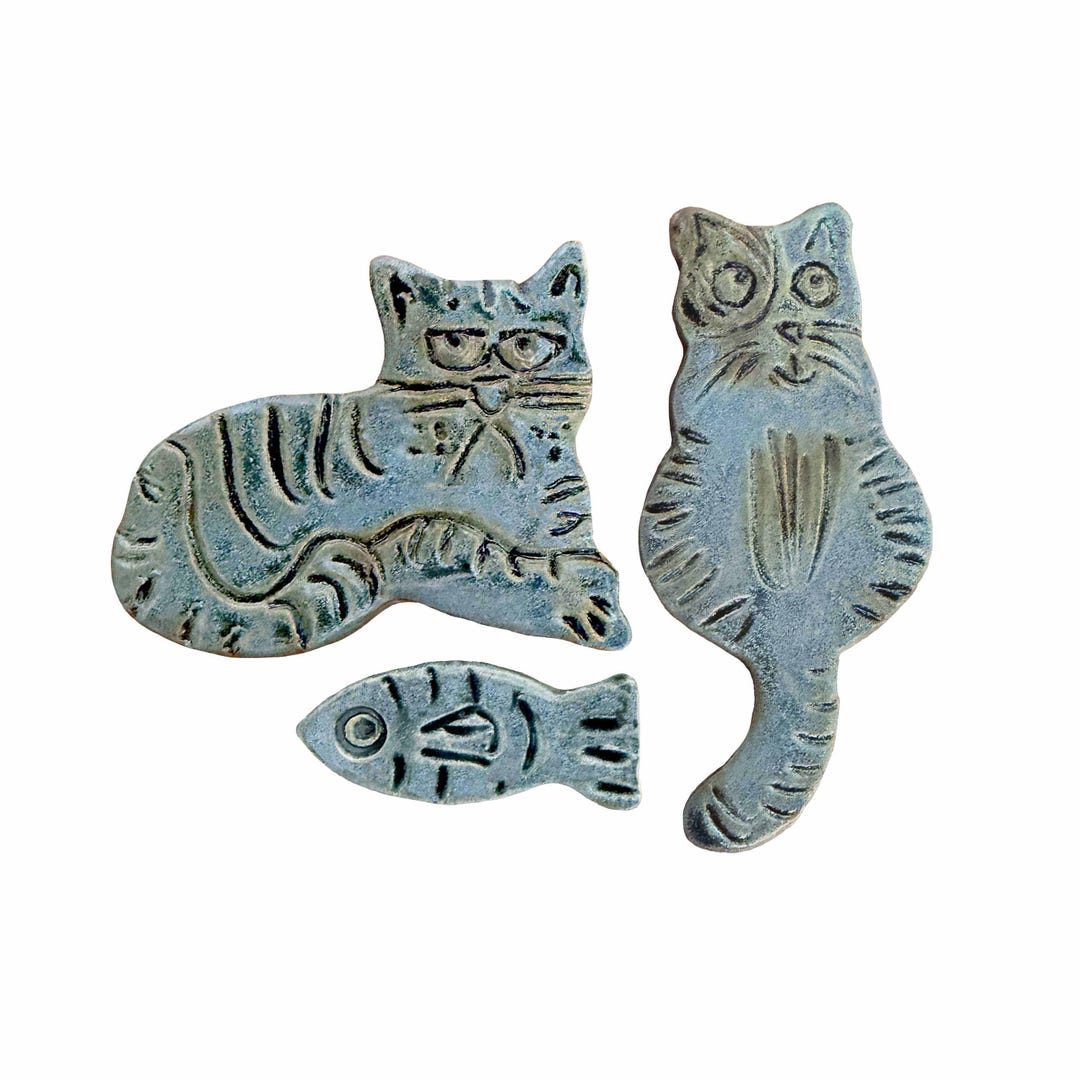 Handmade Blue Ceramic Cat Fridge Magnet Set: Fish and 2 Cats, Set of 3 ...