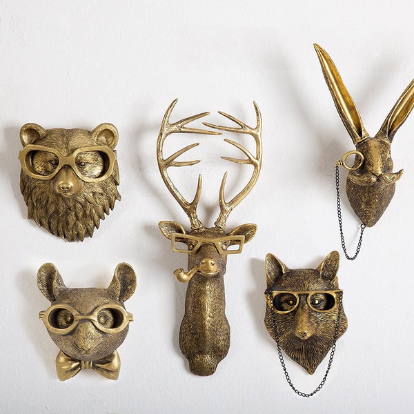 Figuras de animales de bronce, cabeza de ciervo de bronce, figuras de pared de fondo, bronce de resina animal, cabezas de animales, diseño de pared de cabeza de zorro, decoración de pared