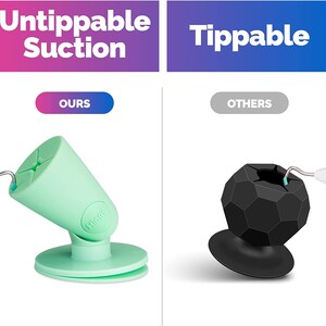Puede incluir: Una comparaci&oacute;n de dos soportes para tel&eacute;fono. El lado izquierdo muestra un soporte para tel&eacute;fono verde con una base de ventosa y el texto "Ours" y "Hinge". El lado derecho muestra un soporte para tel&eacute;fono negro con una base de ventosa y el texto "Others". El texto en la parte superior de la imagen dice "Untippable Suction" y "Tippable".