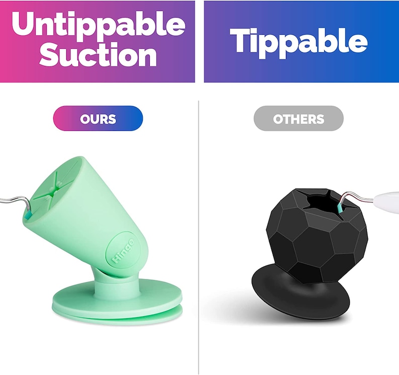 Puede incluir: Una comparaci&oacute;n de dos soportes para tel&eacute;fono. El lado izquierdo muestra un soporte para tel&eacute;fono verde con una base de ventosa y el texto "Ours" y "Hinge". El lado derecho muestra un soporte para tel&eacute;fono negro con una base de ventosa y el texto "Others". El texto en la parte superior de la imagen dice "Untippable Suction" y "Tippable".