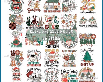 Puede incluir: Una colección de 35 diseños de sublimación PNG retro con temática navideña. Los diseños incluyen texto festivo, adornos, esqueletos, muñecos de nieve y otros gráficos relacionados con las fiestas. La paleta de colores incluye rojo, verde y blanco.