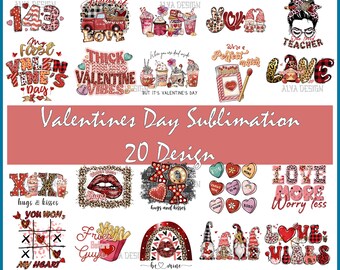 Könnte beinhalten: Eine Sammlung von 20 Valentinstag-Sublimationsdesigns mit verschiedenen Themen, darunter Herzen, Gnome und Liebeszitate. Die Designs sind in verschiedenen Farben gehalten, darunter Rot, Pink und Weiß.