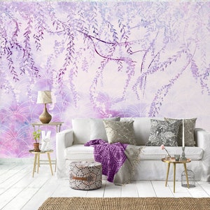 Lila Tapete, Blätter Tapete Vinyl, 3D Tapete, Blumen Tapete, Natur Tapete, Baum Tapete, Abnehmbare Tapete