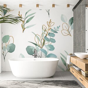 Boho Watercolor Floral Botanical Wallpaper, Green Eucalyptus Leaf Wallpaper,  Leaves Branches Wallpaper Vinyl, 3D Wallpapers, Unpasted