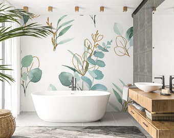 Papel tapiz botánico floral de acuarela boho, papel tapiz de hojas de eucalipto verde, papel tapiz de hojas y ramas de vinilo, papel tapiz 3D, sin pegar