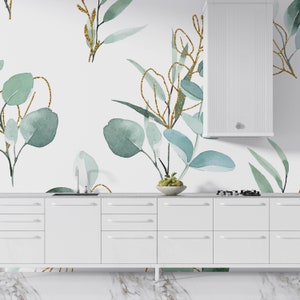 Floral Botanical Wallpaper, Green Eucalyptus Leaf Wallpaper, Leaves Branches Wallpaper Vinyl, 3D Wallpapers, Unpasted , Boho Watercolor