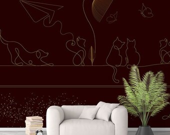 Cat Wallpaper, Line Art Wallpaper Vinyl, Animals Wallpaper, Dog Wallpaper, Pets Dark Wallpaper, Removable Wall Paper