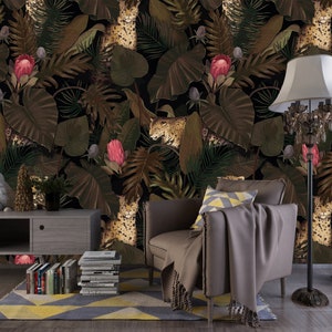 Tropische dunkle Dschungel-Tapete, wilde Tiger, botanisches Wandbild, traditionelles Vinyl