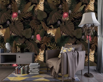 tropisk mörk djungeltapet, vilda tigrar, botanisk väggmålning, traditionell vinyl
