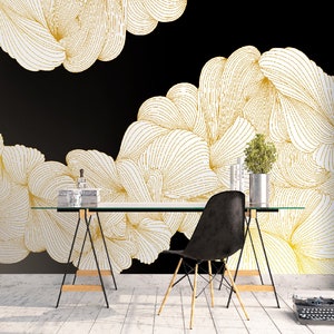 BLACK AND WHITE With Gold Details- Adhesive Marble Wallpaper- Pretty Living Room Decor- Adhesive Wallpaper- Floral Wallpaper- Geometry