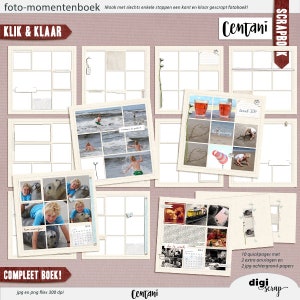 Può includere: Un modello di album di ritagli con 10 pagine, 2 copertine aggiuntive e 2 fogli di sfondo. Il modello presenta una varietà di layout con diversi numeri di spazi per foto. Il testo "Klick & Klaar" e "Compleet Boek!" è visibile sul modello.