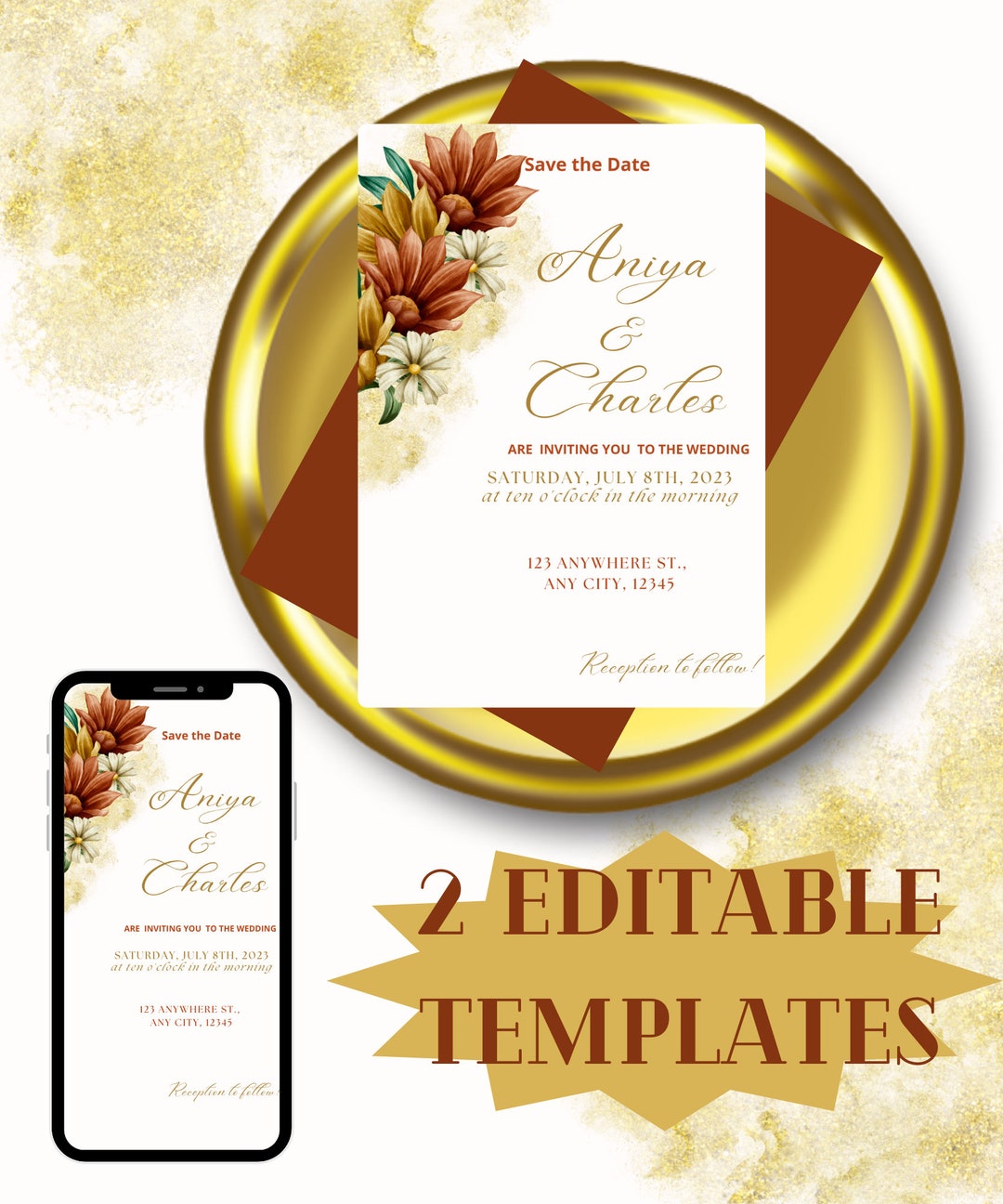 Orange & Gold Flower Editable Wedding Invitation. CANVA Etsy