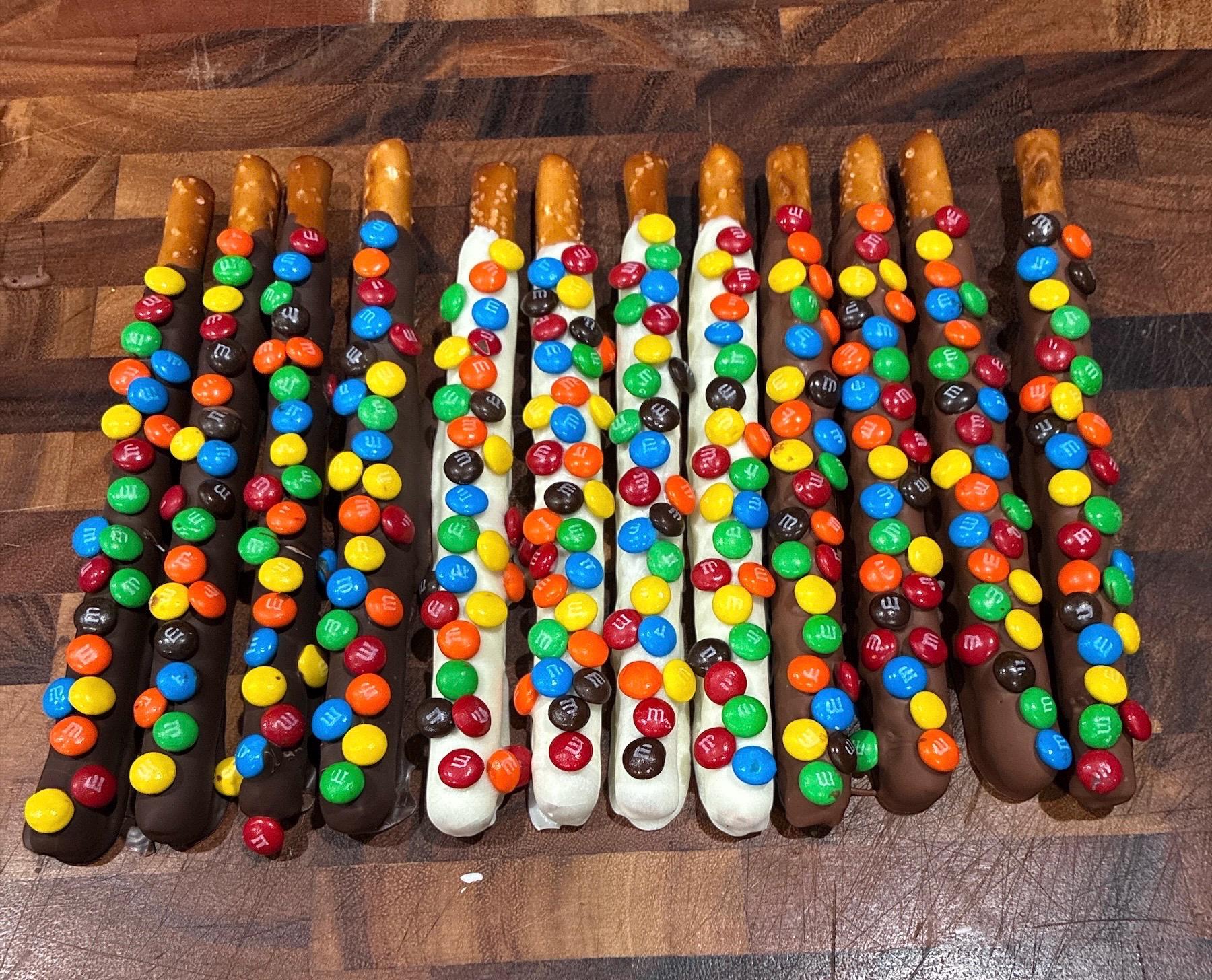 Mini Double Rods Chocolate Dipped Pretzel Rods With Mini M&ms – Double Coated Gourmet ...