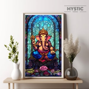 Ganesh artwork, Ganesha Stained glass artwork, digital download,  Hindu Illustration, Ganesha poster, Hindu god print, yoga art, yoga gift