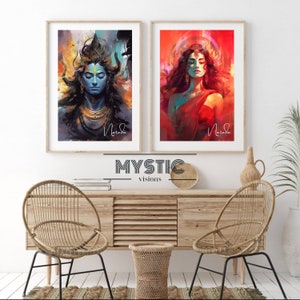 Arte mural de Shiva Shakti, ilustración de un dios hindú, arte de un dios hindú, obra de arte hindú, pintura de Shiva, arte de yoga, regalo de yoga, don espiritual