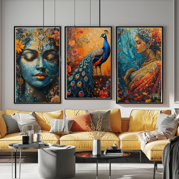 Radha Krishna, digital download, Peacock Wall Art, Hindu God Art,Radha Krishna Wall Decor,  radha Krishna painting,yoga art,Hare Krishna art