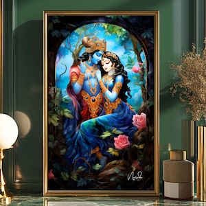 Radha Krishna, digital download, Hindu Wall Art, Hindu God Art, Radha Krishna Wall Decor,  radha Krishna painting, yoga art,Hare Krishna art