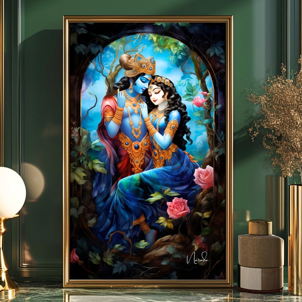 Radha Krishna, digital download, Hindu Wall Art, Hindu God Art, Radha Krishna Wall Decor,  radha Krishna painting, yoga art,Hare Krishna art