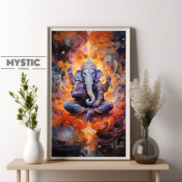 Psychedelic Ganesha, Digital Art Download, Vibrant Hindu Deity, Illustration for Meditation, Space Decor, Spiritual Wall, Printable Art