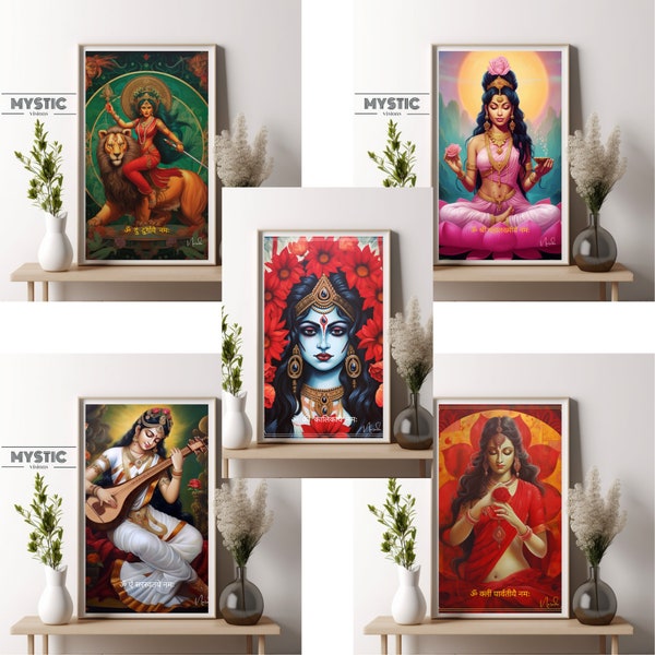 Goddess Art, Hindu Goddess, Hindu Deity Illustrations, Spiritual Wall Decor, Parvati,Durga, Lakshmi, Saraswati, Kali,Digital Download Prints