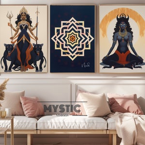 Pittura di Kali, arte di Sri Yantra, illustrazione di Durga, decorazione murale spirituale, arte tantrica indù, decorazione della casa Navratri, arte femminile divina, arte yoga
