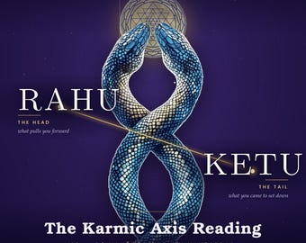 May include: A digital graphic featuring two intertwined blue snakes forming an infinity shape against a dark purple background. Text includes "MYSTIC VISIONS 1008", "RAHU THE HEAD what pulls you forward", "KETU THE TAIL what you came to set down", and "The Karmic Axis Reading".