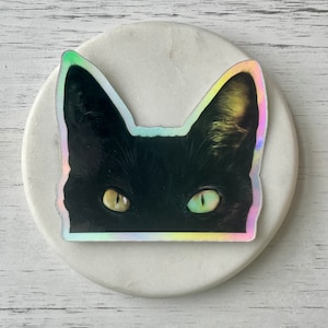 Peekaboo | Black cat holographic Sticker  - Durable Vinyl Sticker